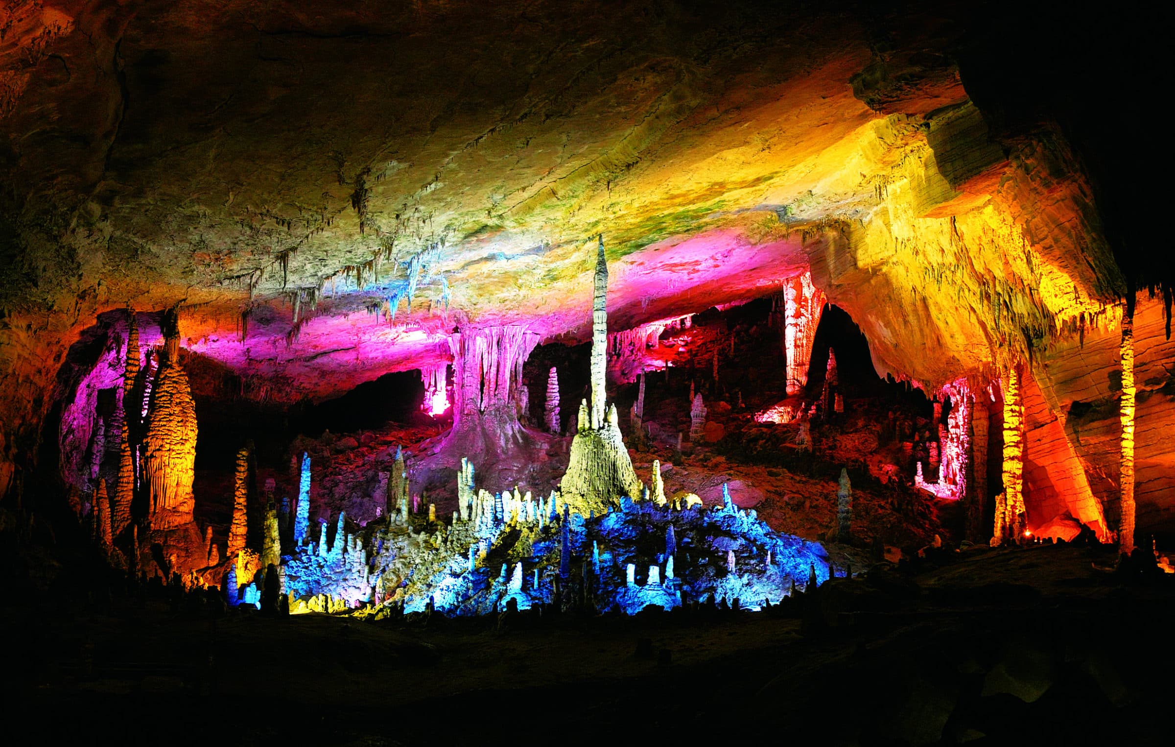 Illuminated chamber and formations inside Yellow Dragon Cave